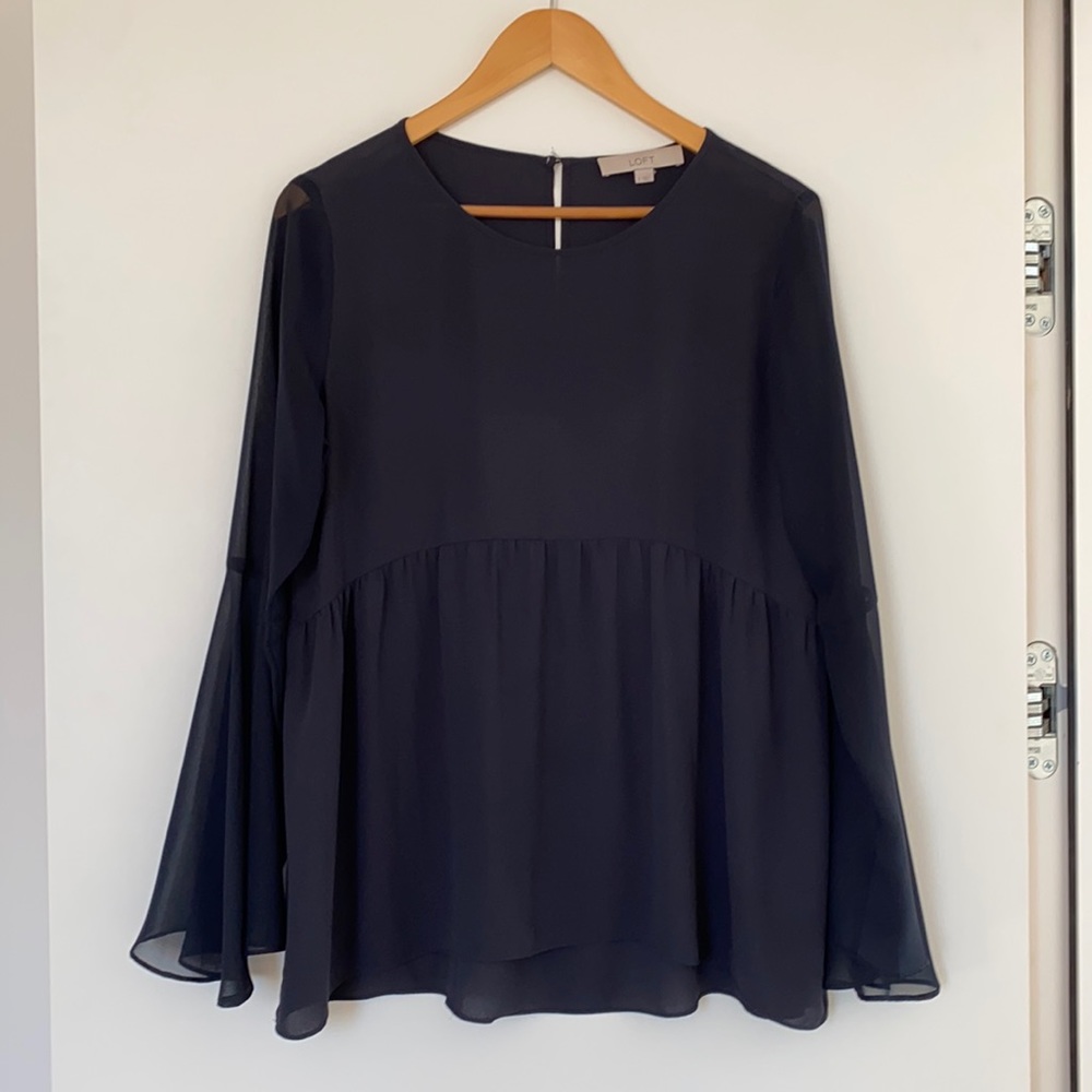 Loft Navy Bell Sleeved Empire Waist Blouse S EUC